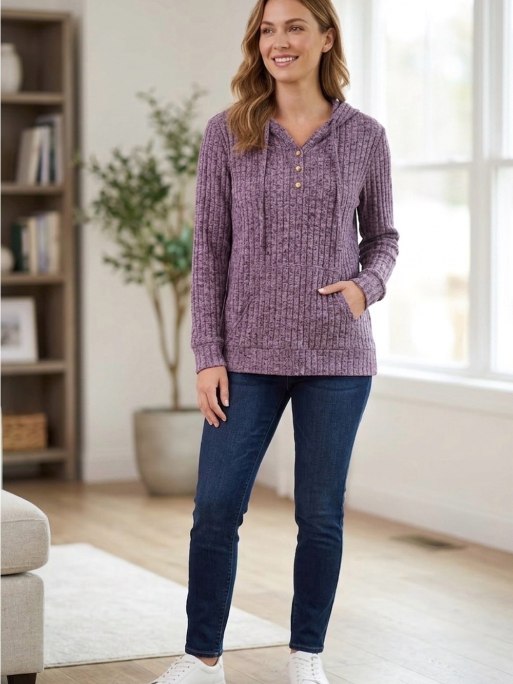 Cozy Knit Henley Hoodie in Lavender Purple size L